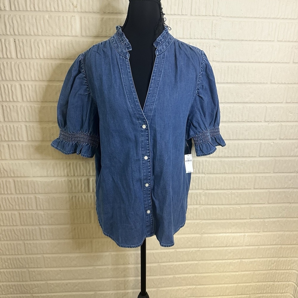 NWT Gap Puff Sleeve Denim Shirt Ruffle Trim Sz L Cotton V Neck Cottagecore Farm